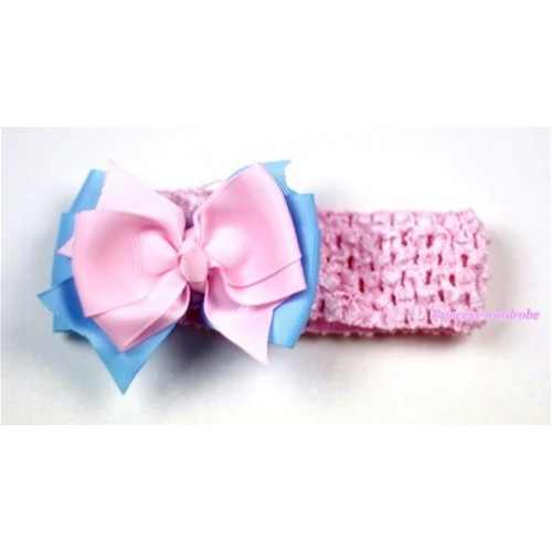 Light Pink Headband with Light Blue Light Pink Ribbon Hair Bow Clip H434 