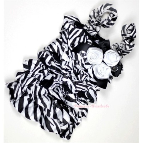 Zebra Petti Rompers With Straps With Big Bow & Bunch Of White Satin Rosettes& Crystal LR147 