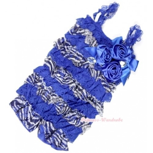 Royal Blue Zebra Lace Ruffles Petti Rompers With Straps With Big Bow & Bunch Of Royal Blue Satin Rosettes& Crystal LR148 