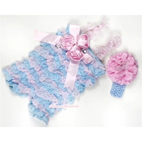 Light Blue Pink Lace Ruffles Petti Rompers With Straps With Big Bow & Bunch Of Light Pink Satin Rosettes& Crystal,With Light Blue Headband Light Pink Peony RH104 