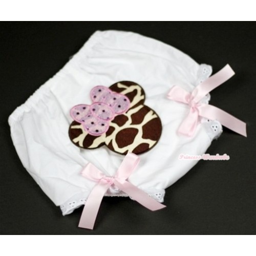 White Bloomer With Brown Giraffe Minnie Print & Light Pink Bow BL83 