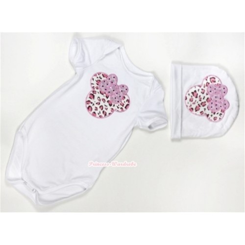 White Baby Jumpsuit with Light Pink Leopard Minnie Print with Cap Set JP21 