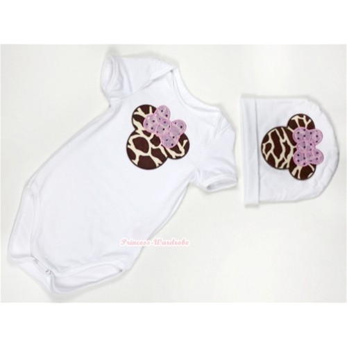 White Baby Jumpsuit with Brown Giraffe Minnie Print with Cap Set JP22 
