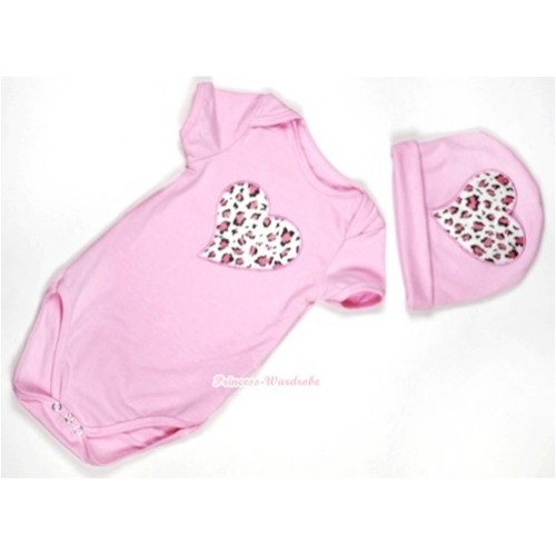 Light Pink Baby Jumpsuit with Light Pink Leopard Heart Print with Cap Set JP26 