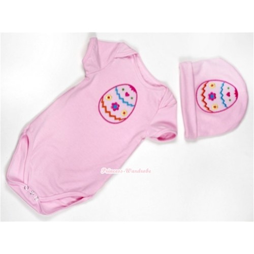 Light Pink Baby Jumpsuit with Easter Egg Print with Cap Set JP29 