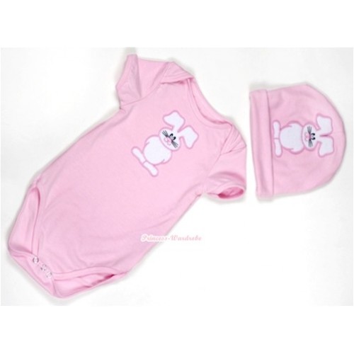 Light Pink Baby Jumpsuit with Bunny Rabbit Print with Cap Set JP30 