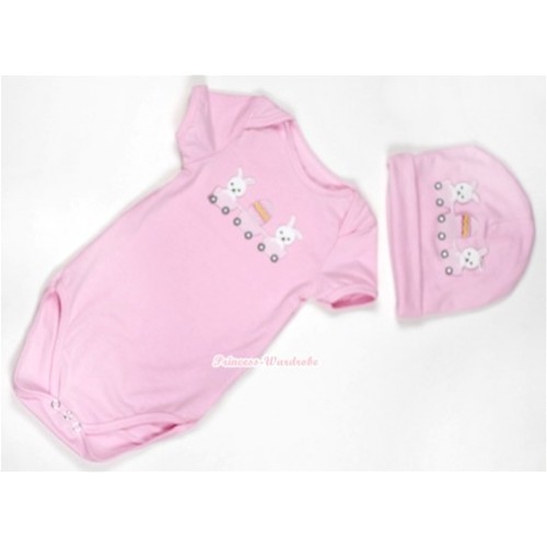 Light Pink Baby Jumpsuit with Bunny Rabbit Egg Print with Cap Set JP31 