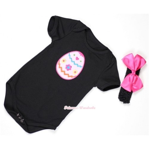 Black Baby Jumpsuit with Easter Egg Print With Black Headband & Hot Pink Silk Bow TH308 