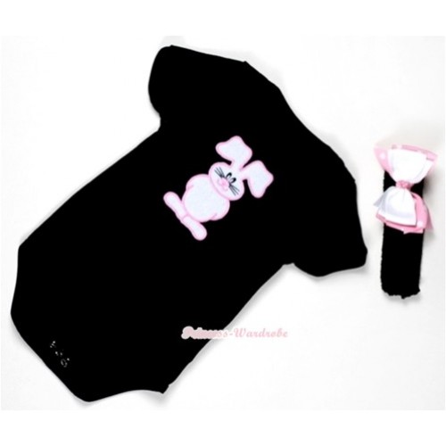 Black Baby Jumpsuit with Bunny Rabbit Print With Black Headband & White & Light Pink White Dots Ribbon Bow TH309 