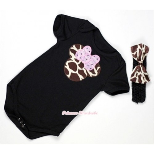 Black Baby Jumpsuit with Brown Giraffe Minnie Print With Black Headband & Brown Giraffe Satin Bow TH312 