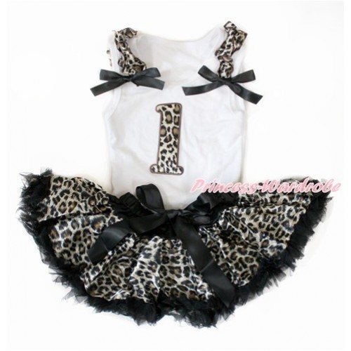 White Baby Pettitop with Leopard Ruffles & Black Bows with 1st Leopard Birthday Number Print with Black Leopard Newborn Pettiskirt NN168 
