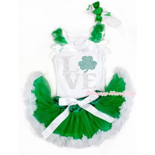 St Patrick's Day White Baby Pettitop with Kelly Green Ruffles & White Bows with Sparkle Crystal Bling Rhinestone Love Clover Print & Kelly Green White Newborn Pettiskirt With White Headband White Kelly Green Screwed Bow NG1393 
