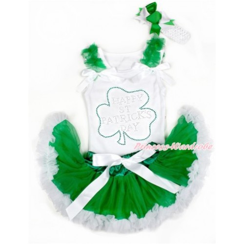 St Patrick's Day White Baby Pettitop with Kelly Green Ruffles & White Bows with Sparkle Crystal Bling Rhinestone Clover Print & Kelly Green White Newborn Pettiskirt With White Headband White Kelly Green Screwed Bow NG1394 