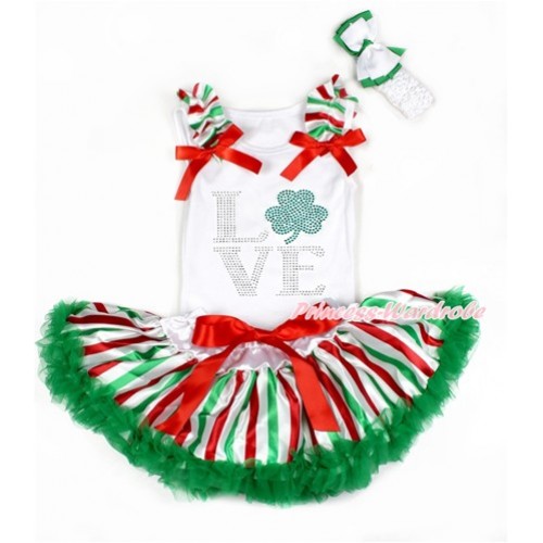 St Patrick's Day White Baby Pettitop with Red White Green Striped Ruffles & Red Bows with Sparkle Crystal Bling Rhinestone Love Clover Print & Red White Green Striped Newborn Pettiskirt With White Headband White Kelly Green Ribbon Bow NG1395 
