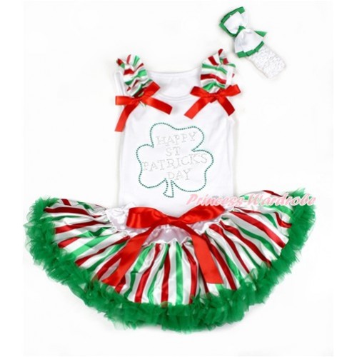 St Patrick's Day White Baby Pettitop with Red White Green Striped Ruffles & Red Bows with Sparkle Crystal Bling Rhinestone Clover Print & Red White Green Striped Newborn Pettiskirt With White Headband White Kelly Green Ribbon Bow NG1396 
