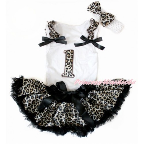 White Baby Pettitop with Leopard Ruffles & Black Bows with 1st Leopard Birthday Number Print & Black Leopard Newborn Pettiskirt With White Headband Leopard Satin Bow NG1398 