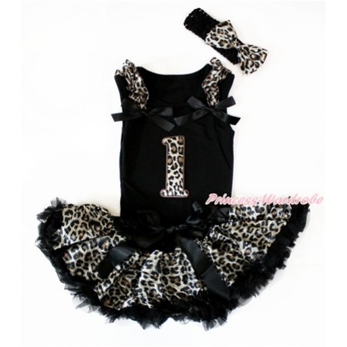 Black Baby Pettitop with Leopard Ruffles & Black Bows with 1st Leopard Birthday Number Print & Black Leopard Newborn Pettiskirt With Black Headband Leopard Satin Bow NG1407 