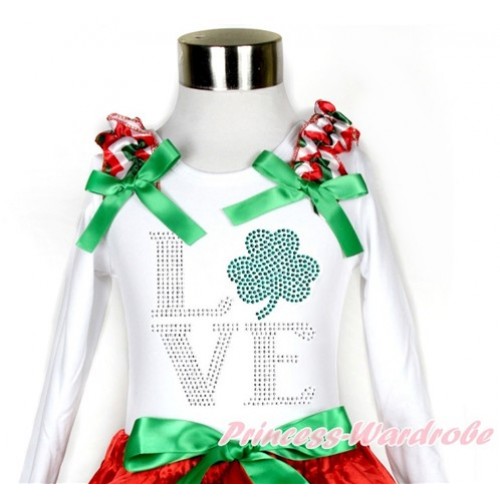 St Patrick's Day White Long Sleeves Top With Red White Green Wave Ruffles & Kelly Green Bow with Sparkle Crystal Bling Rhinestone Love Clover Print TW451 