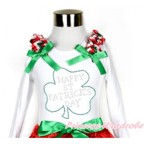 St Patrick's Day White Long Sleeves Top With Red White Green Wave Ruffles & Kelly Green Bow with Sparkle Crystal Bling Rhinestone Clover Print TW452 