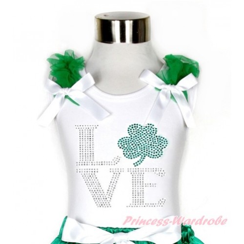 St Patrick's Day White Tank Top With Kelly Green Ruffles & White Bow With Sparkle Crystal Bling Rhinestone Love Clover Print TB667 