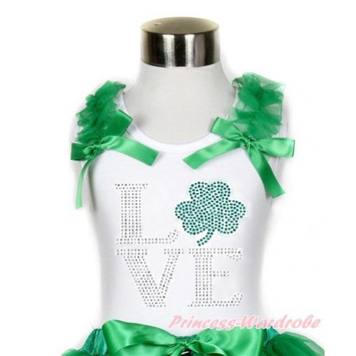 St Patrick's Day White Tank Top With Kelly Green Ruffles & Kelly Green Bow With Sparkle Crystal Bling Rhinestone Love Clover Print TB669 