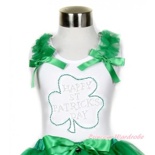 St Patrick's Day White Tank Top With Kelly Green Ruffles & Kelly Green Bow With Sparkle Crystal Bling Rhinestone Clover Print TB670 