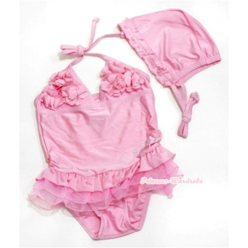 Light Pink Sweet Rosettes Swimming Suit with Swim Cap SW59 