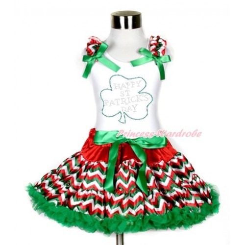 St Patrick's Day White Tank Top with Red White Green Wave Ruffles & Kelly Green Bows with Sparkle Crystal Bling Rhinestone Clover Print With Red White Green Wave Pettiskirt MG1060 