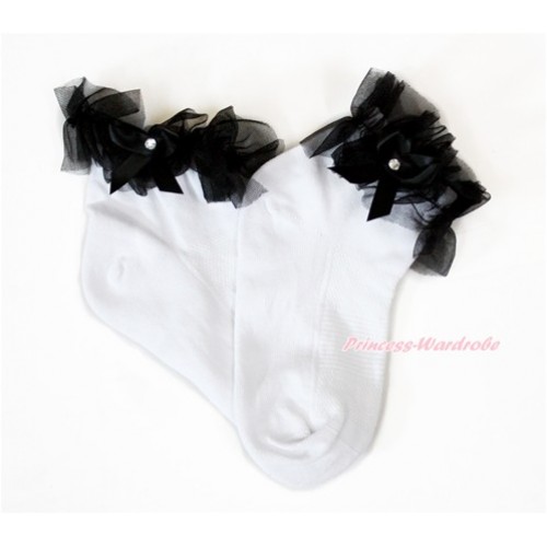 Plain Style Pure White Socks with Black Ruffles and Bow H313 