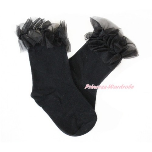 Plain Style Black Socks with Black Ruffles H314 
