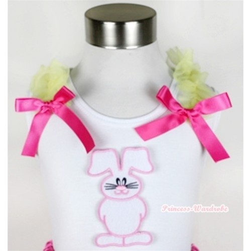 White Tank Top With Bunny Rabbit Print with Yellow Ruffles & Hot Pink Bow TB291 