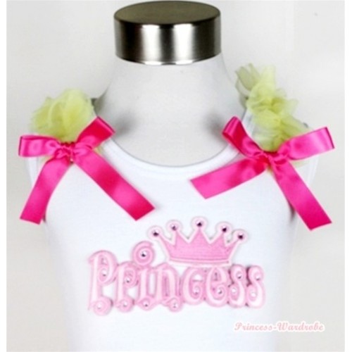 White Tank Top With Princess Print with Yellow Ruffles & Hot Pink Bow TB292 