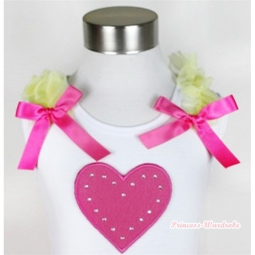 White Tank Top With Hot Pink Heart Print with Yellow Ruffles & Hot Pink Bow TB293 