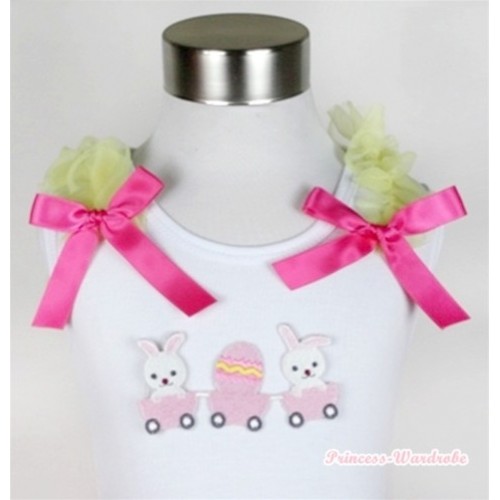 White Tank Top With Bunny Rabbit Egg Print with Yellow Ruffles & Hot Pink Bow TB294 