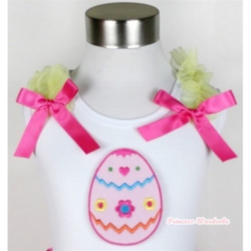 White Tank Top With Easter Egg Print with Yellow Ruffles & Hot Pink Bow TB295 