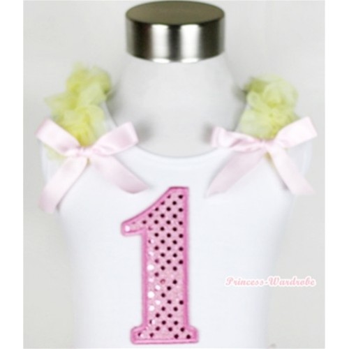 White Tank Top With1st Sparkle Light Pink Birthday Number Print with Yellow Ruffles & Light Pink Bow TB299 
