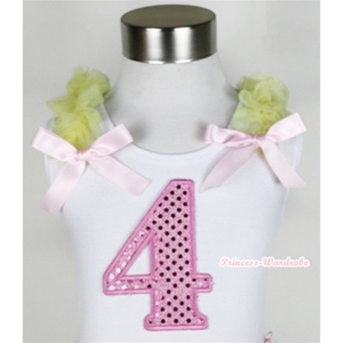 White Tank Top With 4th Sparkle Light Pink Birthday Number Print with Yellow Ruffles & Light Pink Bow TB302 