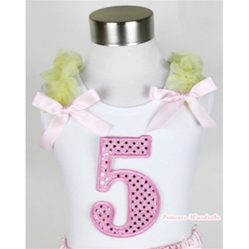 White Tank Top With 5th Sparkle Light Pink Birthday Number Print with Yellow Ruffles & Light Pink Bow TB303 