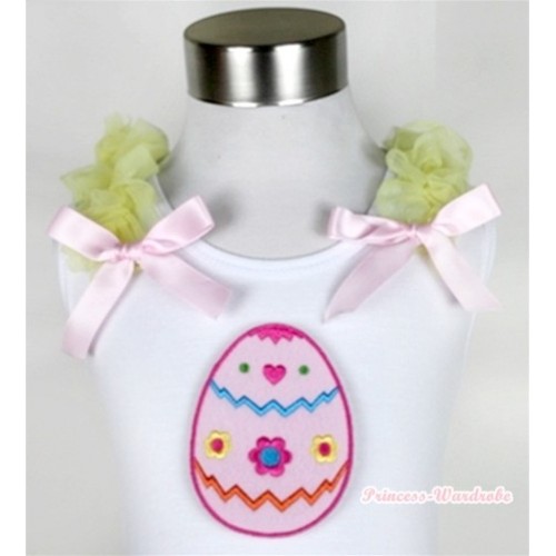 White Tank Top With Easter Egg Print with Yellow Ruffles & Light Pink Bow TB296 