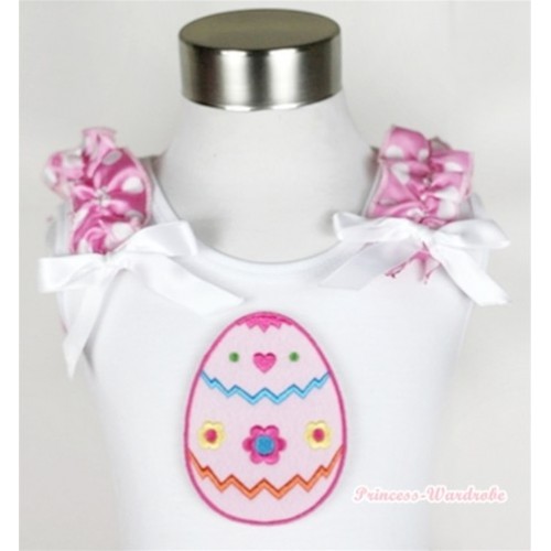 White Tank Top With Easter Egg Print with Hot Pink White Dots Ruffles & White Bow TB304 