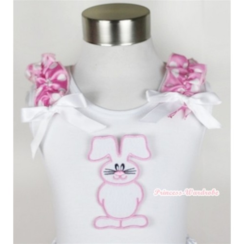 White Tank Top With Bunny Rabbit Print with Hot Pink White Dots Ruffles & White Bow TB306 