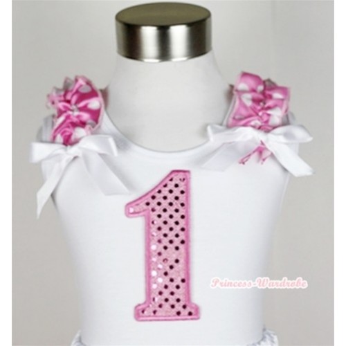White Tank Top With 1st Sparkle Light Pink Birthday Number Print with Hot Pink White Dots Ruffles & White Bow TB308 