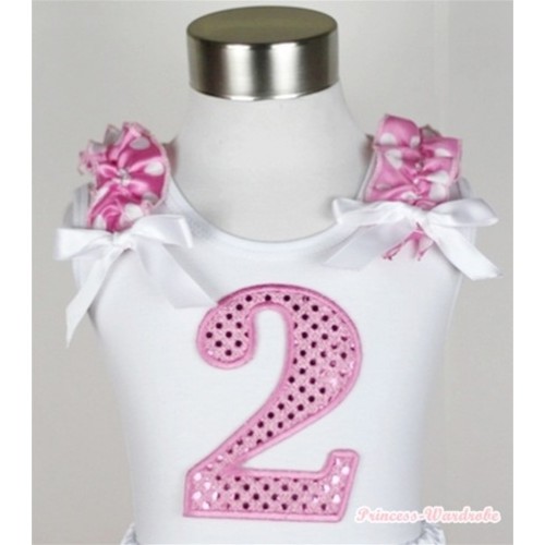 White Tank Top With 2nd Sparkle Light Pink Birthday Number Print with Hot Pink White Dots Ruffles & White Bow TB309 