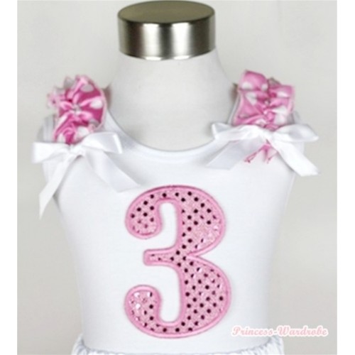 White Tank Top With 3rd Sparkle Light Pink Birthday Number Print with Hot Pink White Dots Ruffles & White Bow TB310 