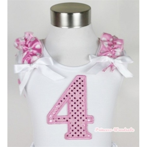 White Tank Top With 4th Sparkle Light Pink Birthday Number Print with Hot Pink White Dots Ruffles & White Bow TB311 