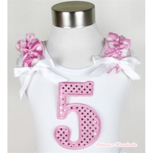 White Tank Top With 5th Sparkle Light Pink Birthday Number Print with Hot Pink White Dots Ruffles & White Bow TB312 