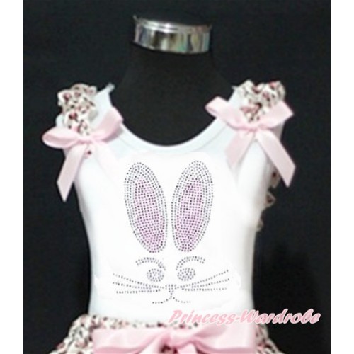 Easter White Tank Top With Light Pink Leopard Ruffles & Light Pink Bow With Sparkle Crystal Bling Rhinestone Bunny Rabbit Print TB674 