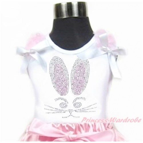 Easter White Tank Top With Light Pink Ruffles & White Bow With Sparkle Crystal Bling Rhinestone Bunny Rabbit Print TB675 