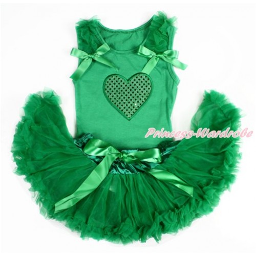 Valentine's Day Kelly Green Baby Pettitop with Kelly Green Ruffles & Kelly Green Bows with Sparkle Kelly Green Heart Print with Kelly Green Newborn Pettiskirt BG115 