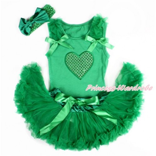 Valentine's Day Kelly Green Baby Pettitop with Kelly Green Ruffles & Kelly Green Bows with Sparkle Kelly Green Heart Print & Kelly Green Newborn Pettiskirt With Kelly Green Headband Kelly Green Satin Bow BG119 